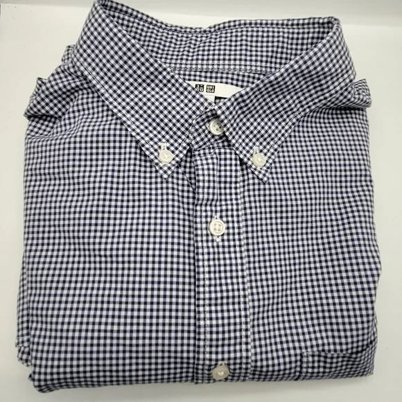 Uniqlo Checkered Shirt Mens Medium Navy Blue White Long Sleeve Check 100% Cotton - Picture 12 of 12